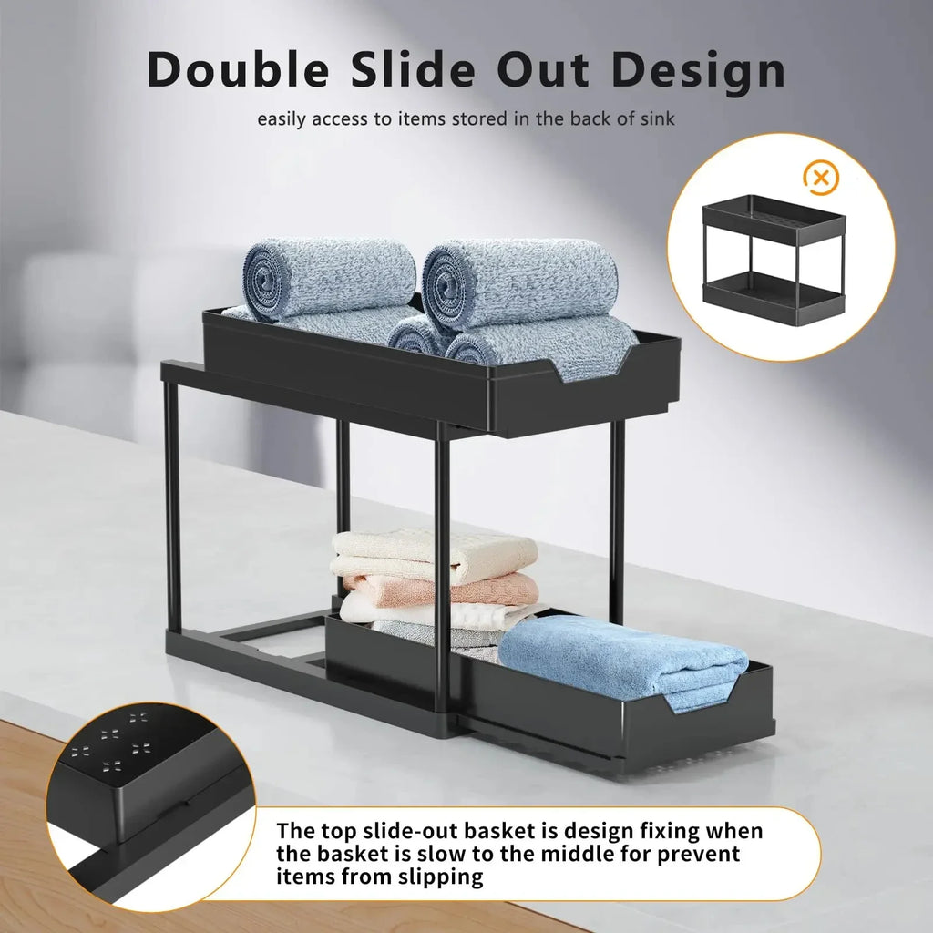 Multifunctional Storage Rack 2 Tier Under Sink Sliding Cabinet Basket Organizer Storage Rack with Hooks Hanging Cup Bathroom