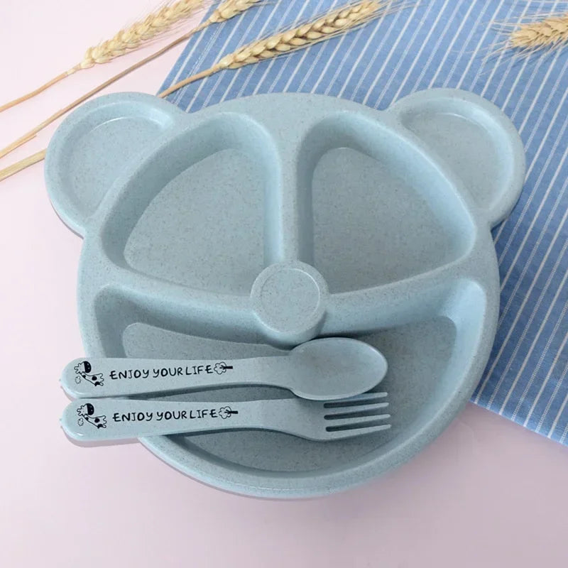 1 Set Baby Bowl Spoon Fork Sets Feeding Tableware Cartoon Bear Kids Plates Baby Eating Dinnerware Set Anti-Heat Training Plates