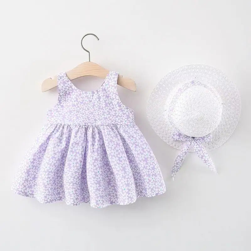 0-3-Year-Old Baby Clothes Summer Seaside Vacation Children's Dress Floral Sleeveless Bow Girl Princess Dress+Hat