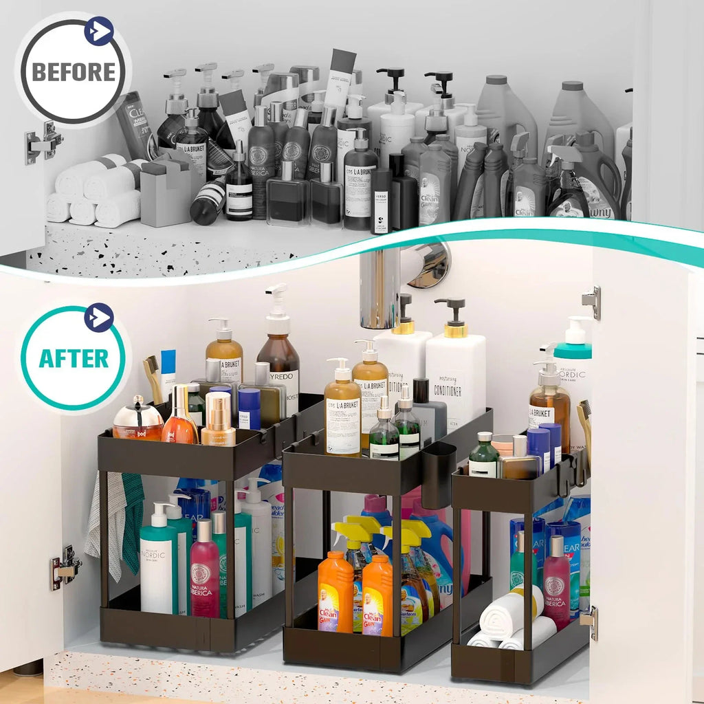 Multifunctional Storage Rack 2 Tier Under Sink Sliding Cabinet Basket Organizer Storage Rack with Hooks Hanging Cup Bathroom