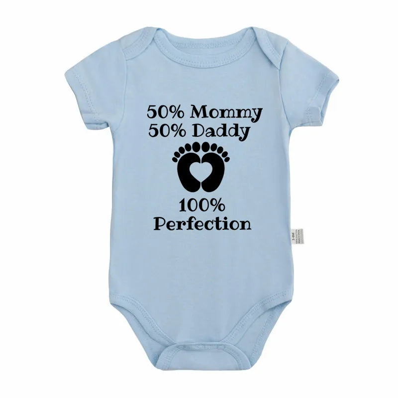 Newborn Baby Boy Girl Clothes 50% Mommy 50% Daddy Equal 100% Perfection Funny Letter Printed Baby Rompers Outfits