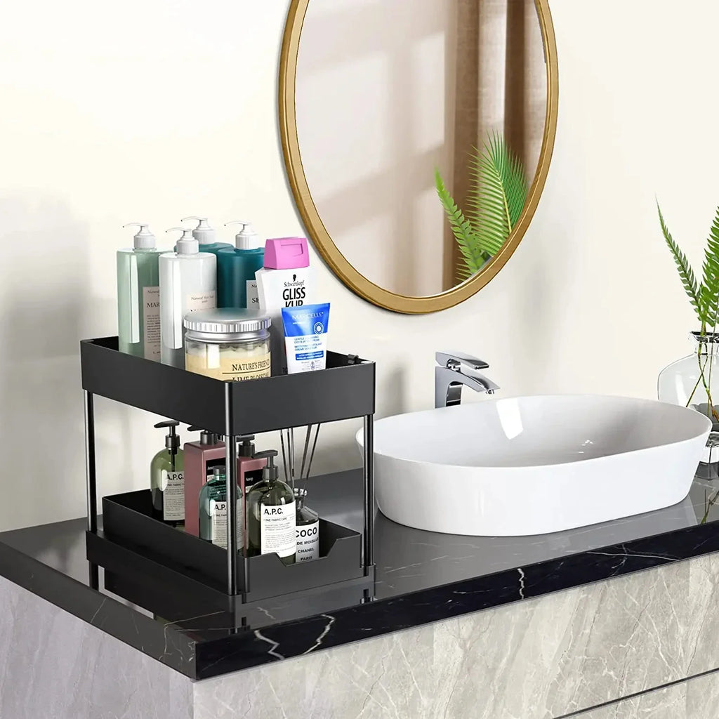 Multifunctional Storage Rack 2 Tier Under Sink Sliding Cabinet Basket Organizer Storage Rack with Hooks Hanging Cup Bathroom