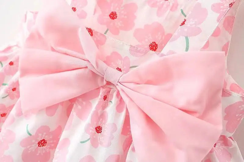 0-3-Year-Old Baby Clothes Summer Seaside Vacation Children's Dress Floral Sleeveless Bow Girl Princess Dress+Hat