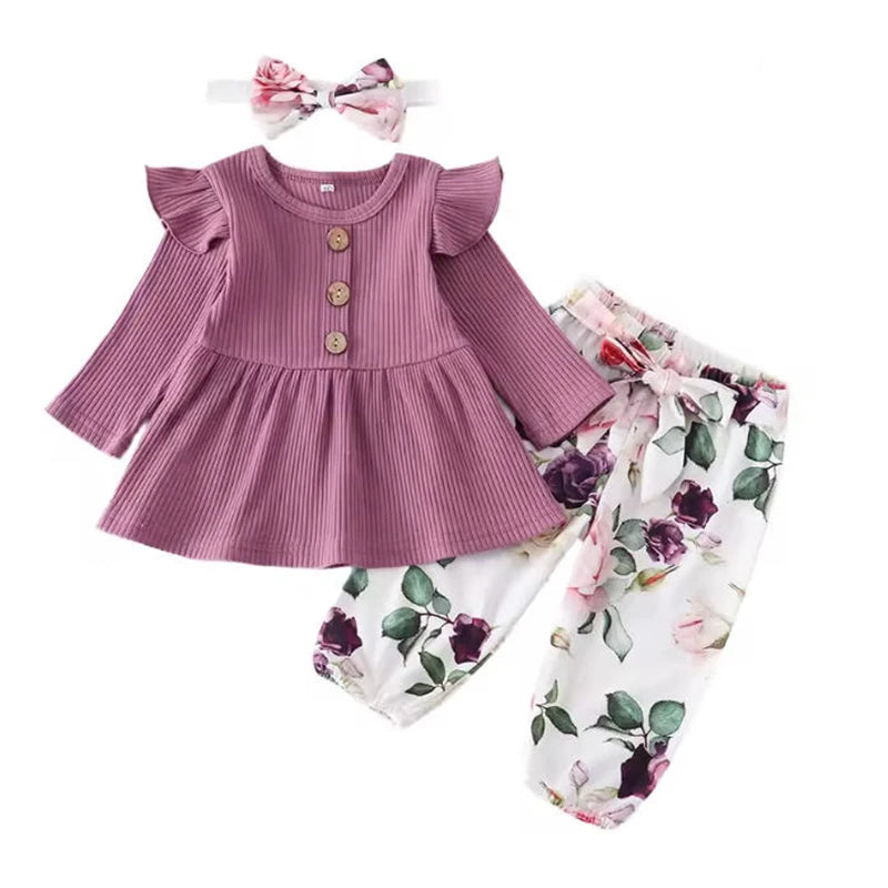 Newborn Baby Girl Clothes Set Solid Knitting Long Sleeve Tops Floral Print Pants Headband 3Pcs Outfits Casual Infant Clothing