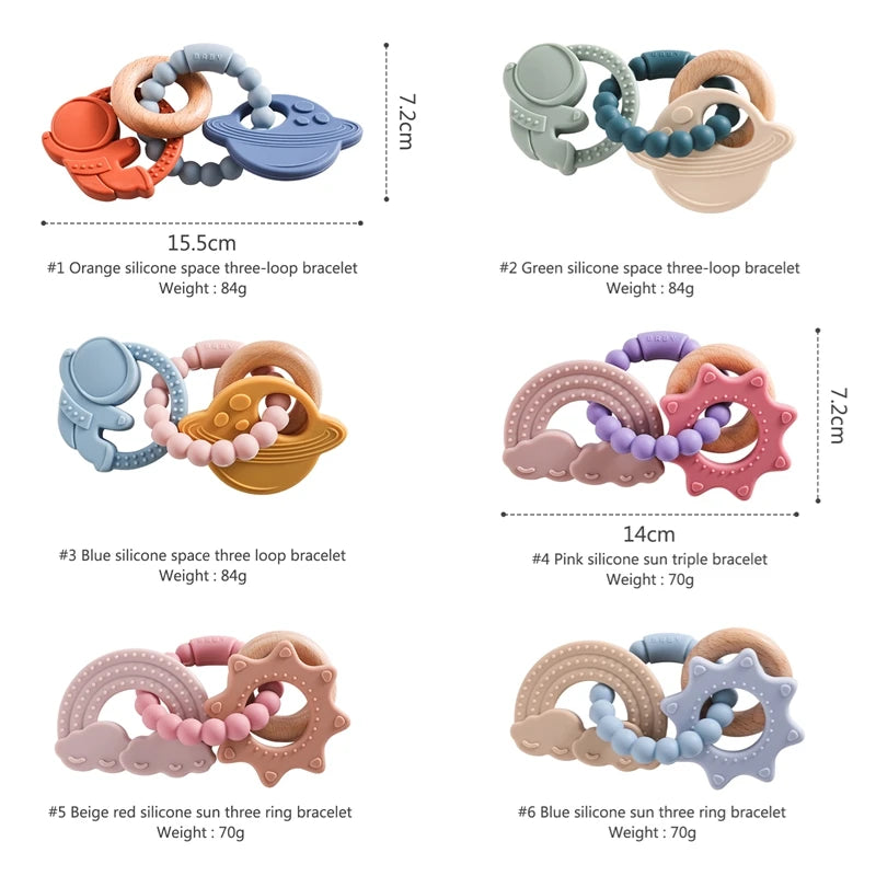 Silicone Teether Food Grade Baby 0-12 Toys ToddlersTeething Ring Sensory Toys Silicone Planet Teether Bracelet Accessories Gifts