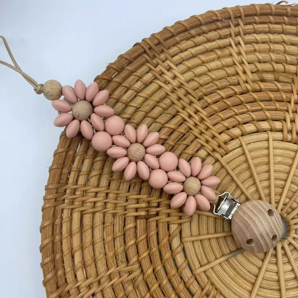 Essentional Handmade Baby Pacifier Clip Silicone Flower Design Flower Soother Clip Dummy Nipple Holder Clip Teething Stage