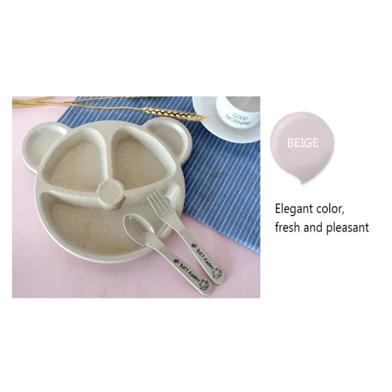 1 Set Baby Bowl Spoon Fork Sets Feeding Tableware Cartoon Bear Kids Plates Baby Eating Dinnerware Set Anti-Heat Training Plates