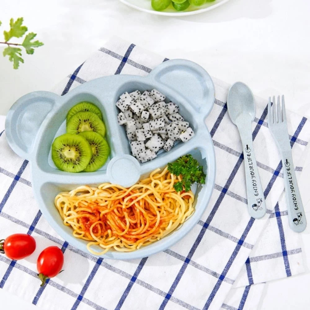 3Pcs/Set Baby Bowl+Spoon+Fork Feeding Food Tableware Cartoon Bear Kids Dishes Eating Dinnerware Anti-hot Training Dinner Plate