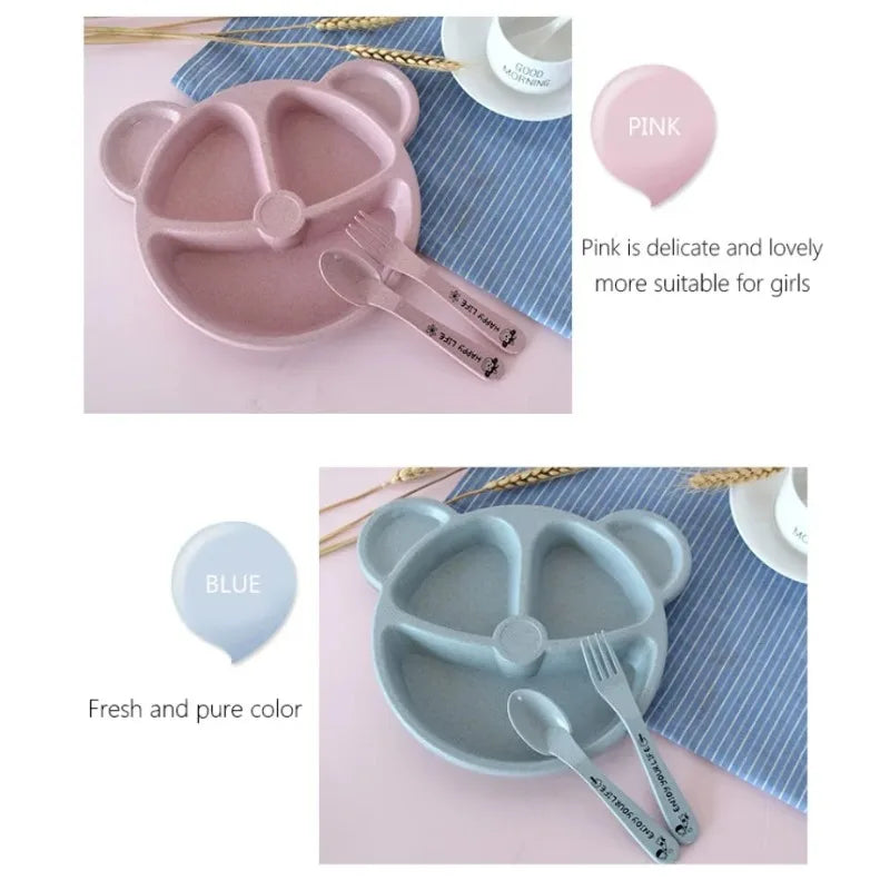 1 Set Baby Bowl Spoon Fork Sets Feeding Tableware Cartoon Bear Kids Plates Baby Eating Dinnerware Set Anti-Heat Training Plates