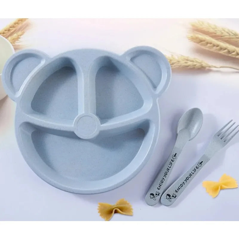1 Set Baby Bowl Spoon Fork Sets Feeding Tableware Cartoon Bear Kids Plates Baby Eating Dinnerware Set Anti-Heat Training Plates