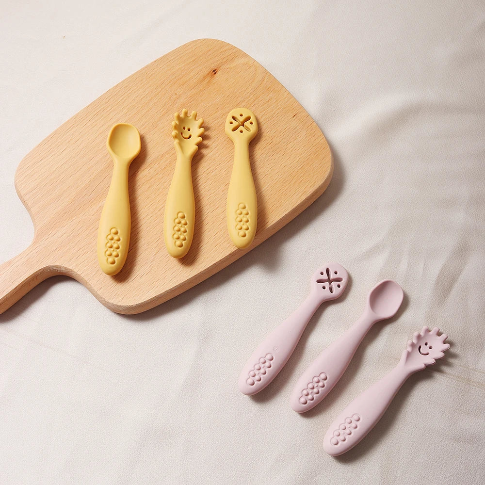 3pcs Silicone Baby Spoon & Fork Set | BPA-Free Toddler Utensils Feeding 3 Pack with Grip Handle for Infants