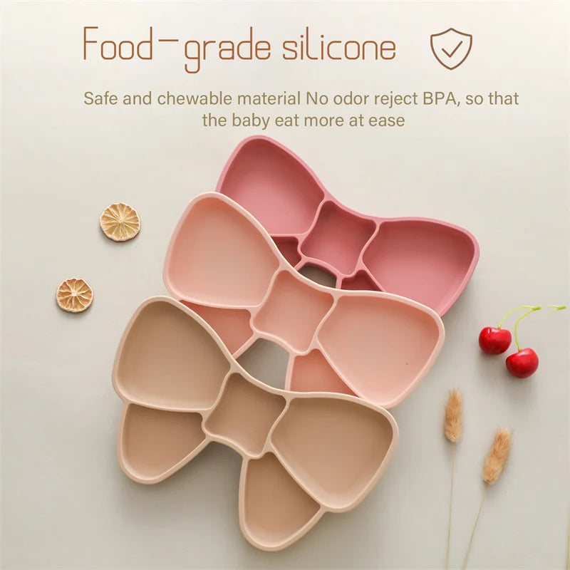Baby Silicone Dining Plate Bowknot BPA Free Silicone Feeding Training Plate Bowl Kids Cartoon Little Bear Children Tableware
