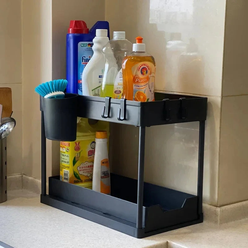 Multifunctional Storage Rack 2 Tier Under Sink Sliding Cabinet Basket Organizer Storage Rack with Hooks Hanging Cup Bathroom