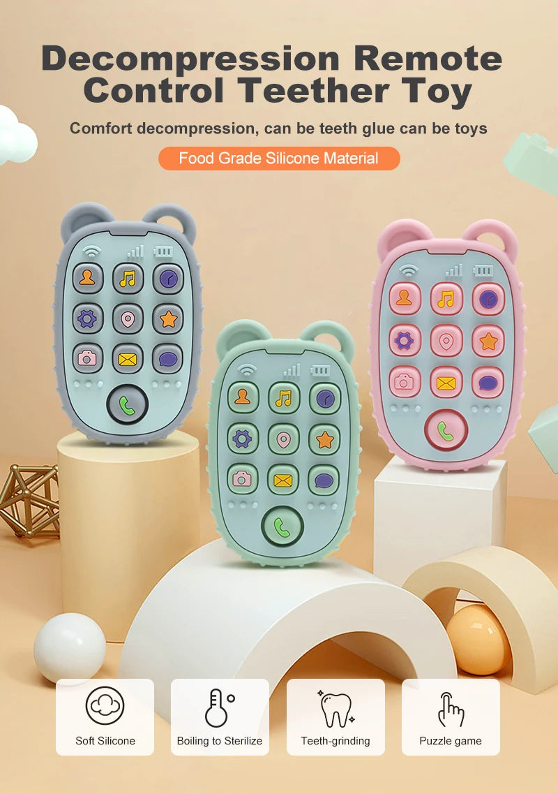 New Baby Teether Mobile Phone Shape Silicone Teether Teething Toy Kids Sensory Educational Toy Baby Gift Set